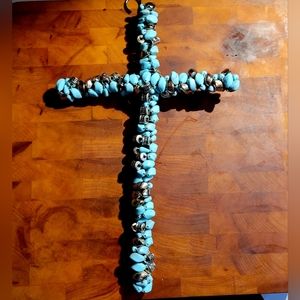 Faux Turquoise hand beaded cross